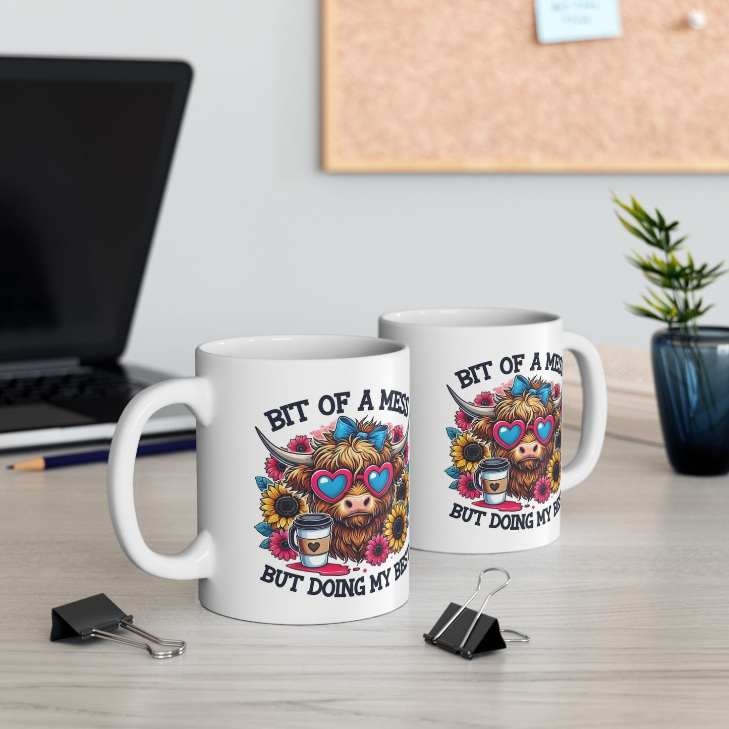Funny Highland Cow Coffee Mug – "Bit of a Mess But Doing My Best" Ceramic Cup, Cute Cow Gift, Floral Coffee Lover Mug