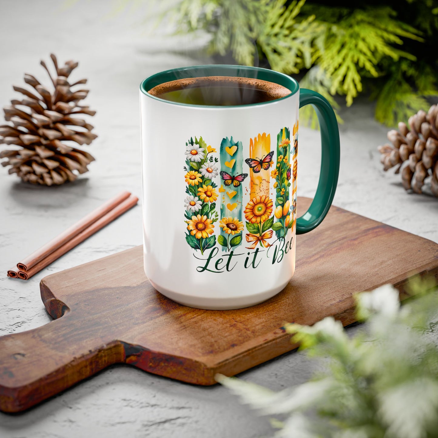 Let It Bee Coffee Mug - Colorful Ceramic Coffee Cup for Women - Floral Butterfly Design