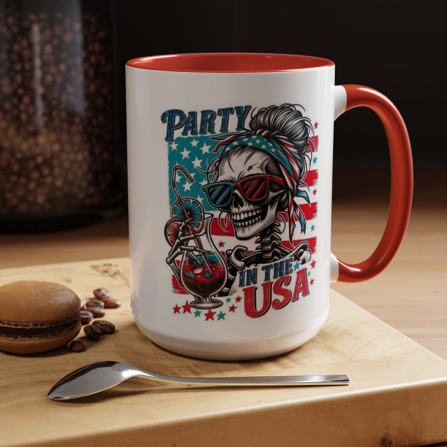 4th of July Coffee Mug - "Party in the USA" Skeleton Lady with Bandana & Glasses | Independence Day Gift