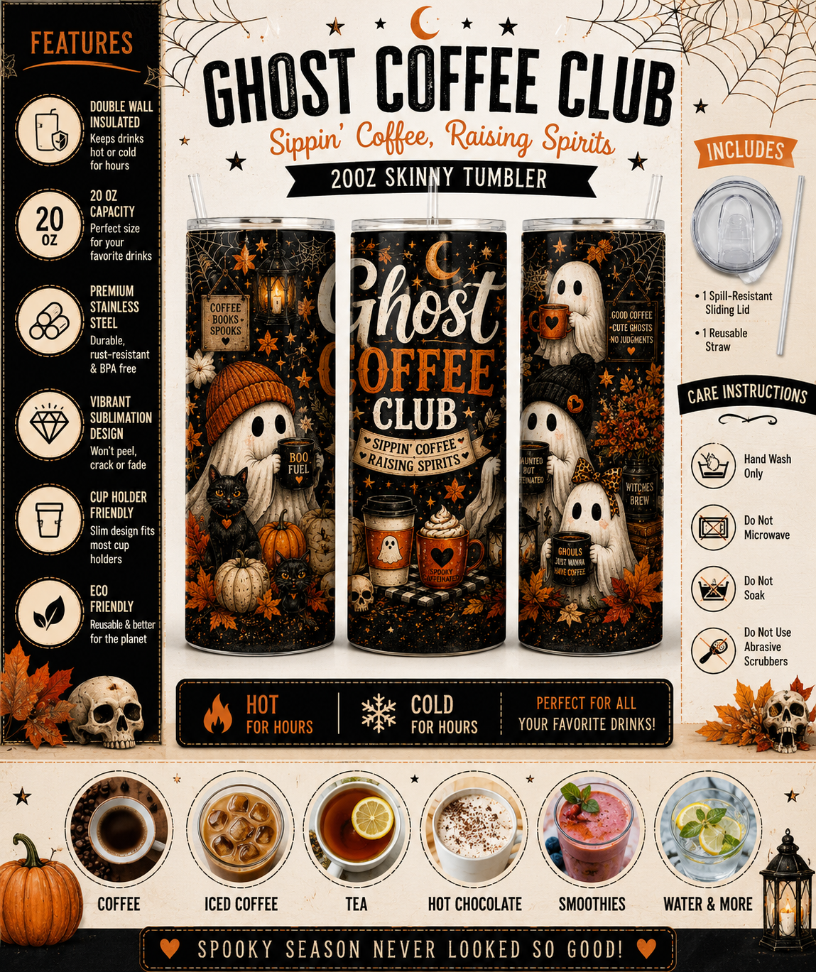 Ghost Coffee Club 20oz Skinny Tumbler | Halloween Ghost Coffee Cup | Fall Coffee Lover Gift | Stainless Steel Insulated Travel Mug