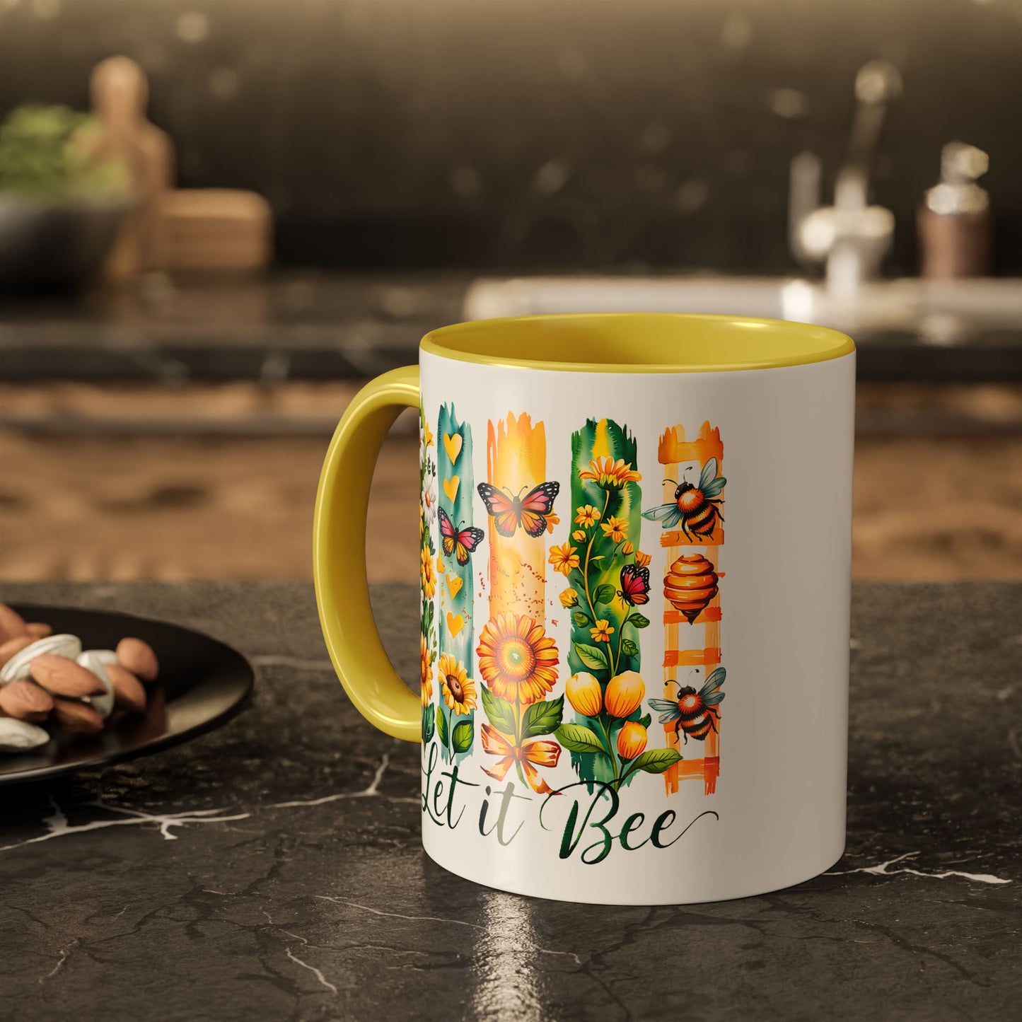 Let It Bee Coffee Mug - Colorful Ceramic Coffee Cup for Women - Floral Butterfly Design