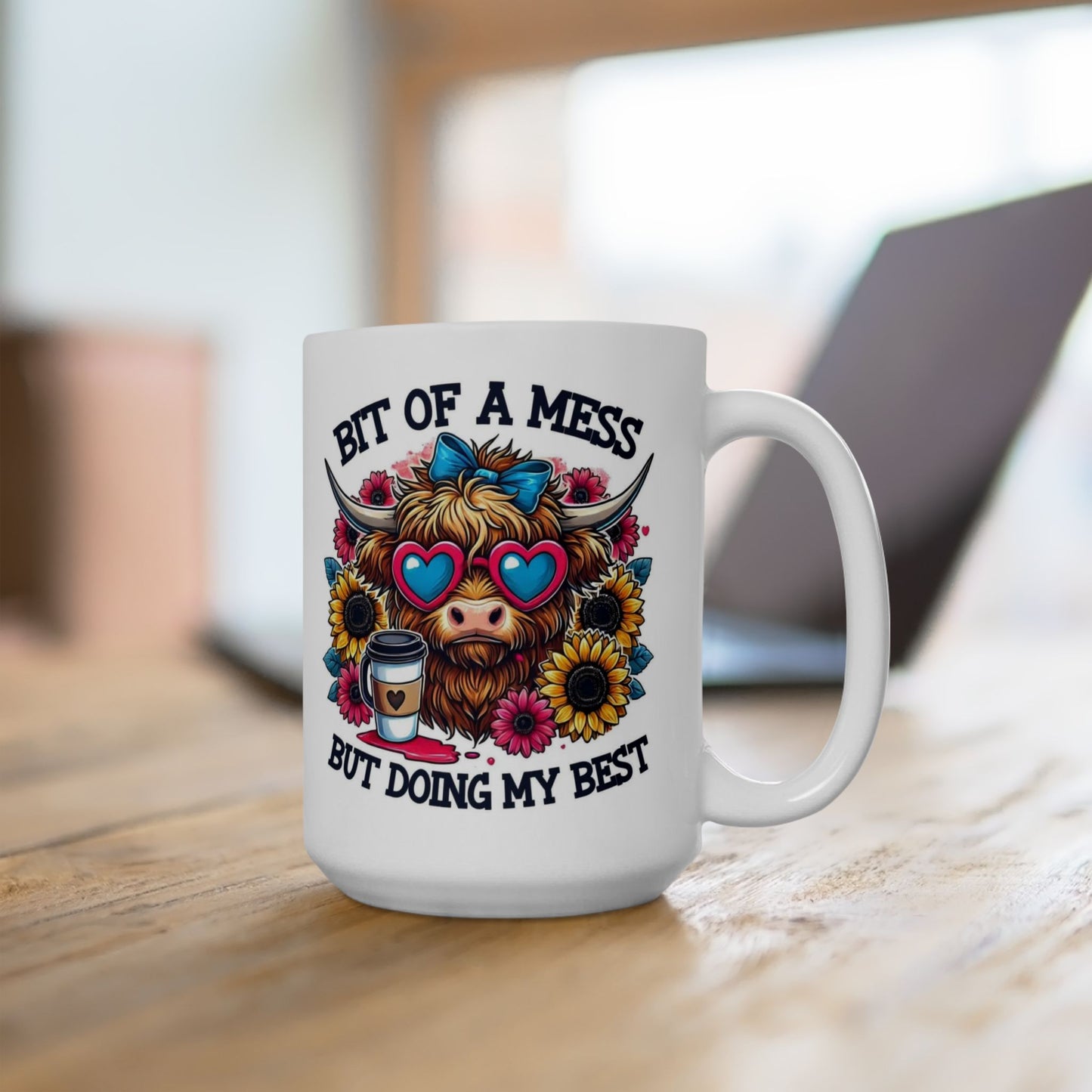 Funny Highland Cow Coffee Mug – "Bit of a Mess But Doing My Best" Ceramic Cup, Cute Cow Gift, Floral Coffee Lover Mug