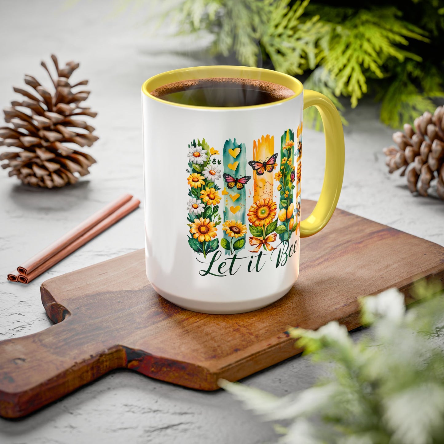 Let It Bee Coffee Mug - Colorful Ceramic Coffee Cup for Women - Floral Butterfly Design