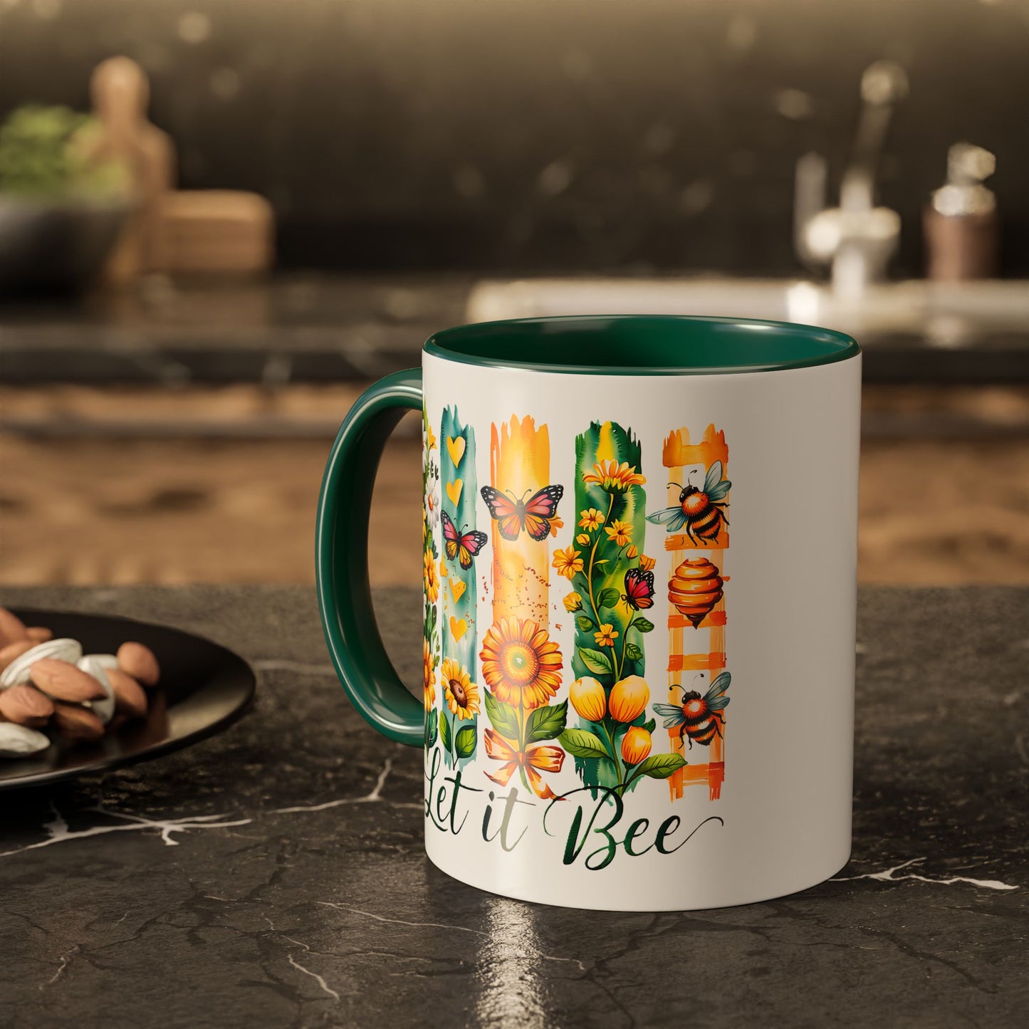 Let It Bee Coffee Mug - Colorful Ceramic Coffee Cup for Women - Floral Butterfly Design