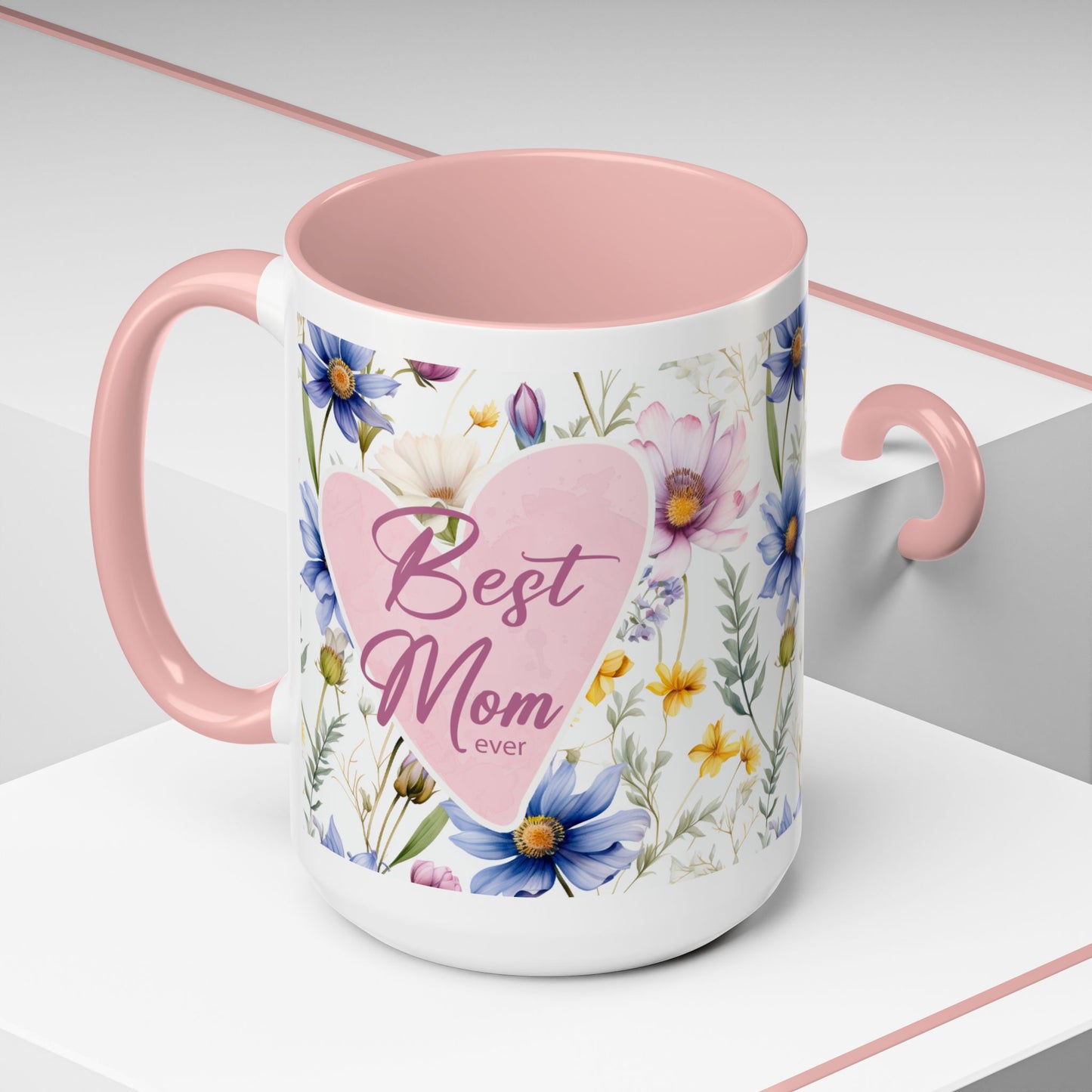 Floral Best Mom Ever Coffee Mug, Pink Accent Mug for Mother’s Day, Birthday Gift, Floral Kitchen Decor, Gift for Her