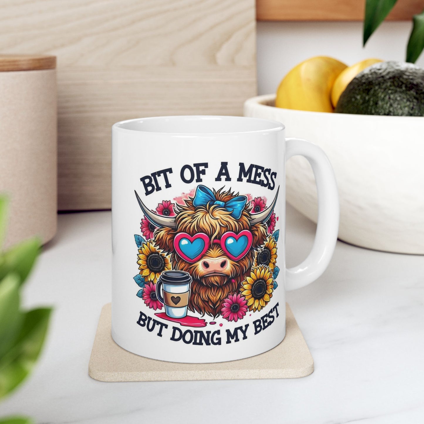 Funny Highland Cow Coffee Mug – "Bit of a Mess But Doing My Best" Ceramic Cup, Cute Cow Gift, Floral Coffee Lover Mug