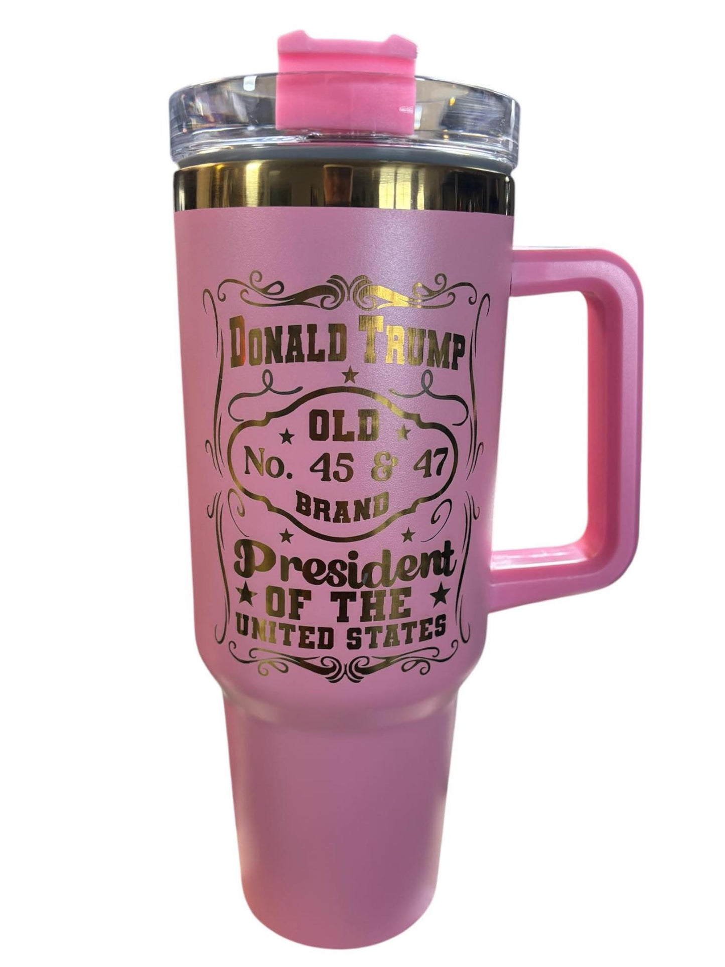 Trump Whiskey Label Design Laser Engraved Gold Plating 40oz Tumbler with Handle and Straw