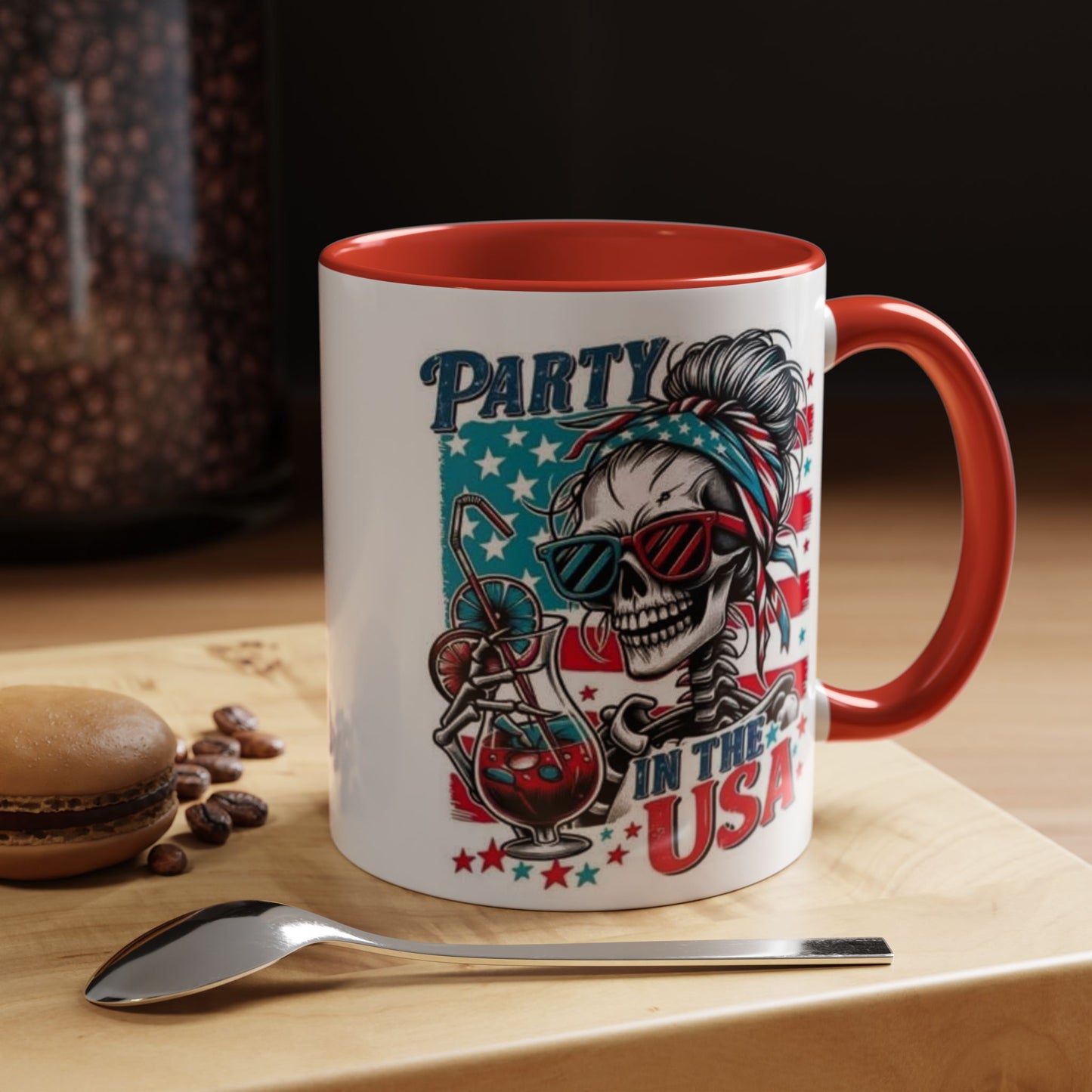 4th of July Coffee Mug - "Party in the USA" Skeleton Lady with Bandana & Glasses | Independence Day Gift