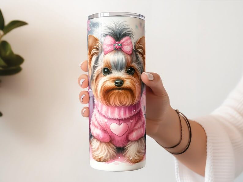 Pink Yorkie Christmas Themd Tumbler 20 oz Stainless Steel Tumbler with Lid and Straw Cup Mug