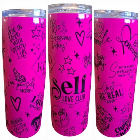 Self Love Club Motivational Quotes 20 oz Skinny Tumbler 20 oz Stainless Steel Skinny Tumbler with Lid, Metal Straw, and Anti-slip bottom, Portable Travel Mug (Neon Pink)