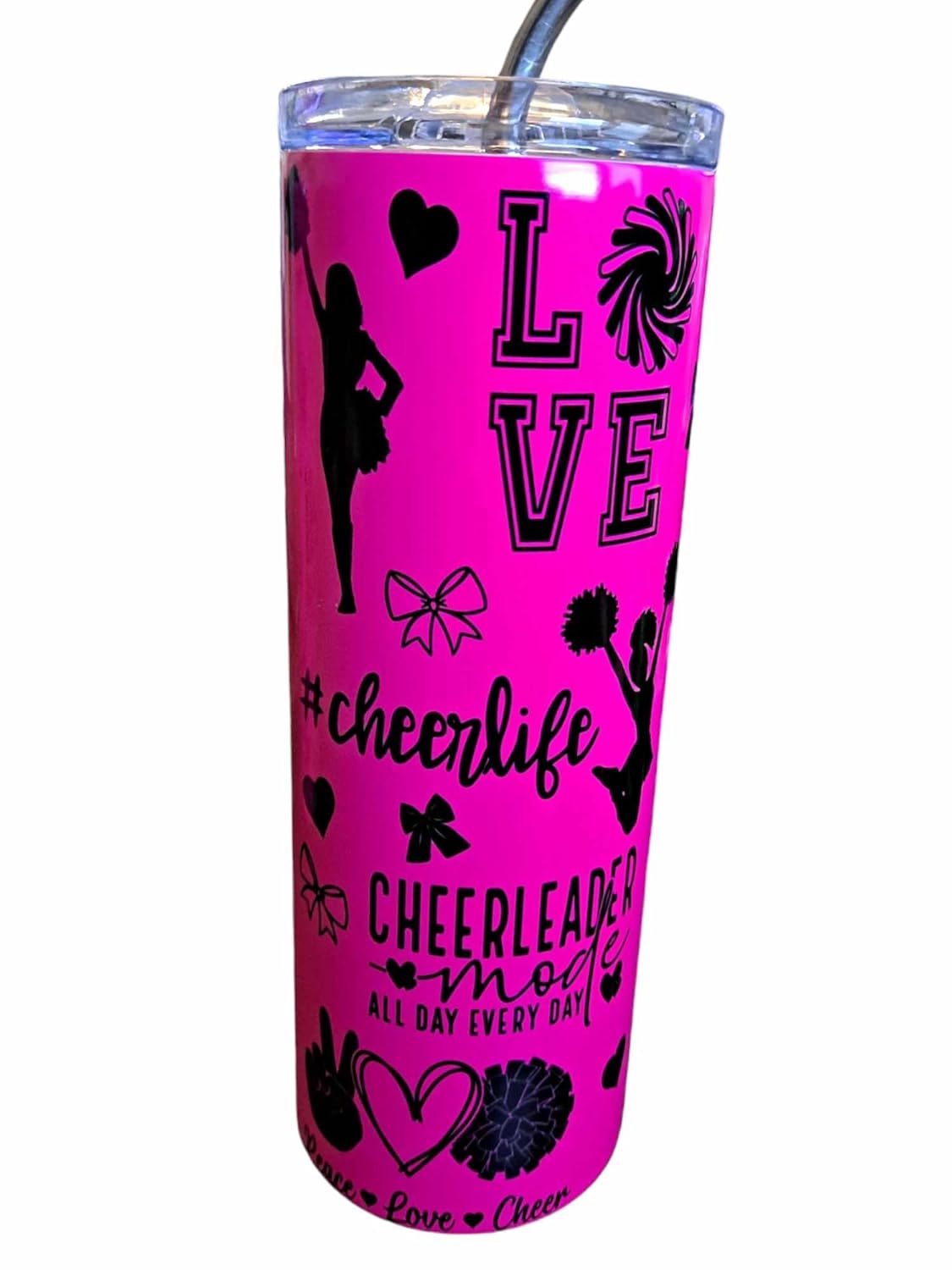 Cheerleading Cheer Life Cheerleader Themed 20 oz Skinny Tumbler 20 oz Stainless Steel Skinny Tumbler with Lid, Metal Straw, and Anti-slip bottom (Neon Pink)