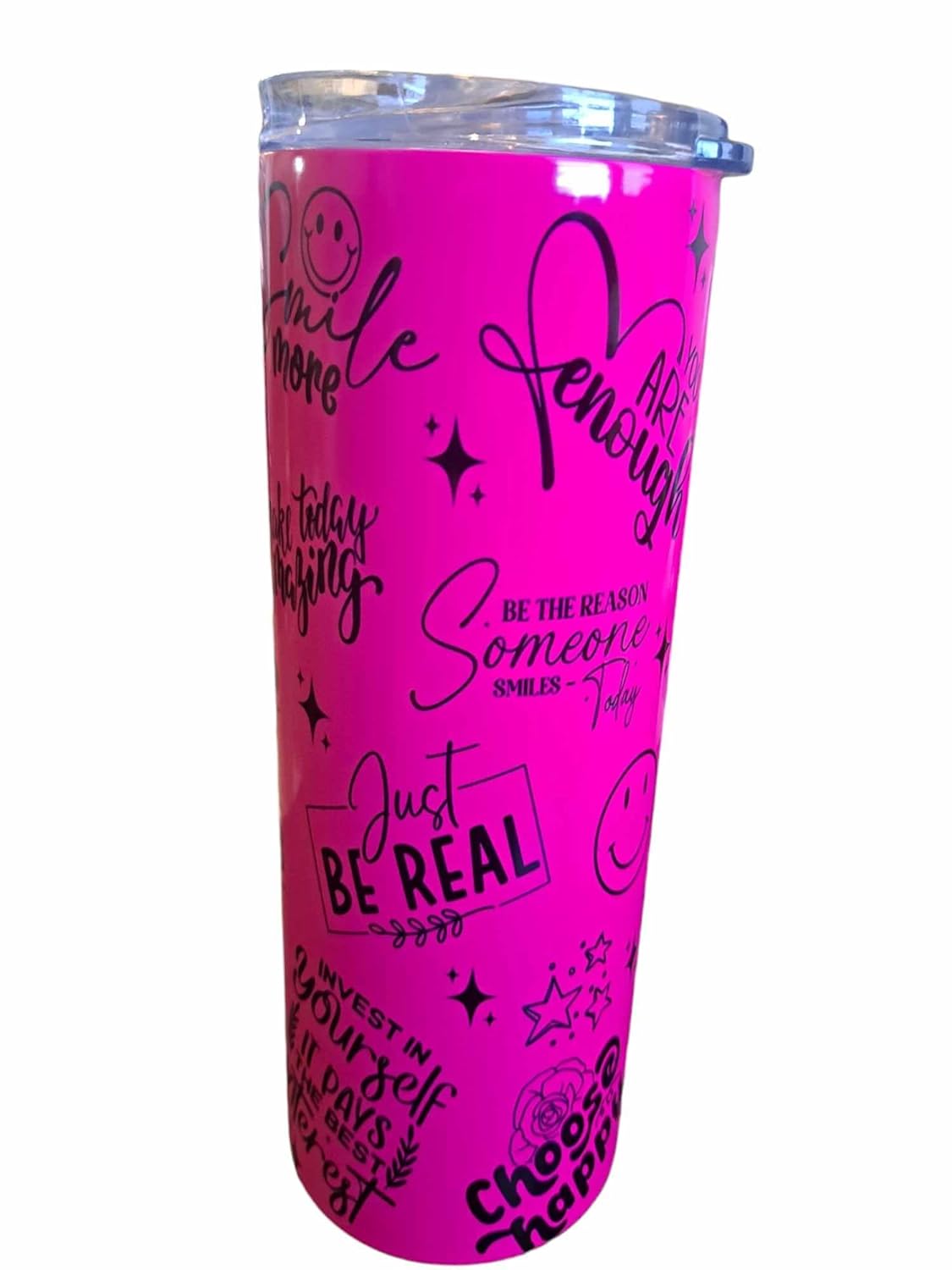 Self Love Club Motivational Quotes 20 oz Skinny Tumbler 20 oz Stainless Steel Skinny Tumbler with Lid, Metal Straw, and Anti-slip bottom, Portable Travel Mug (Neon Pink)