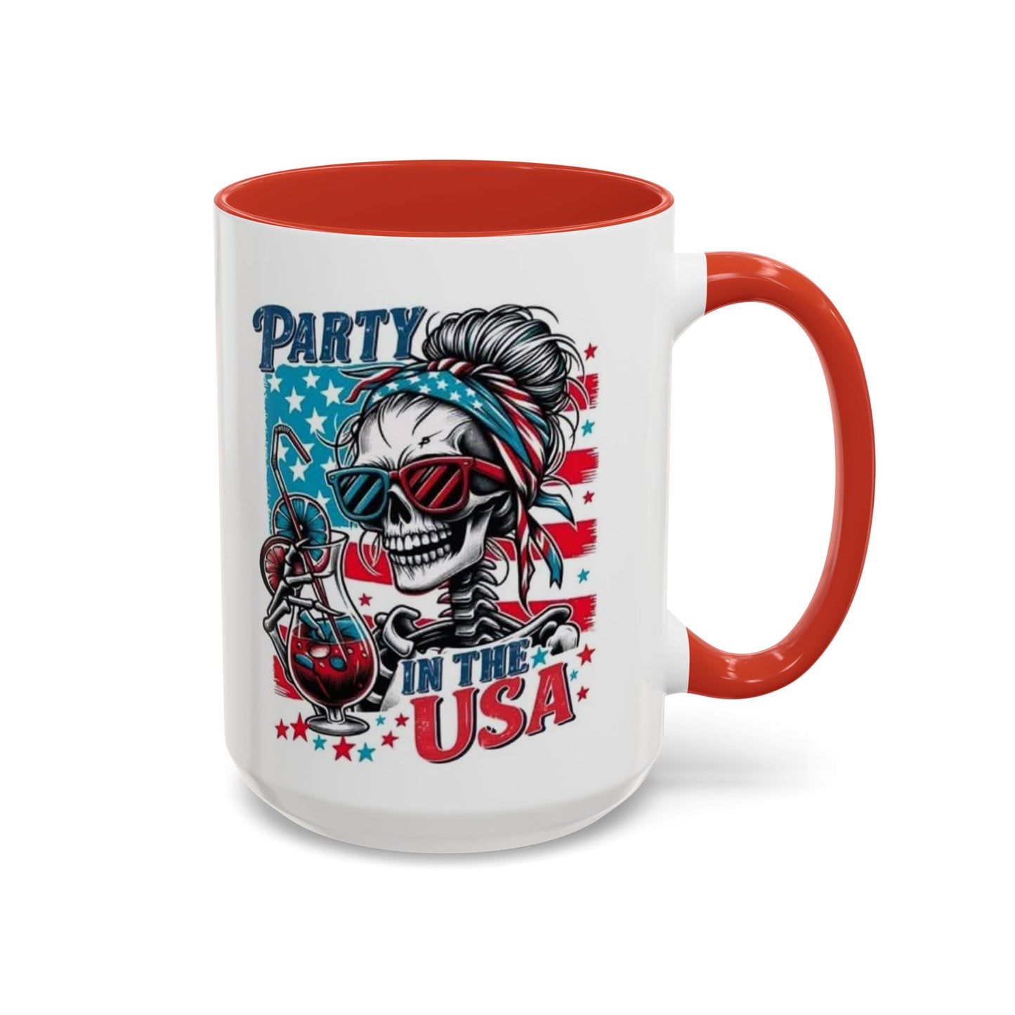 4th of July Coffee Mug - "Party in the USA" Skeleton Lady with Bandana & Glasses | Independence Day Gift