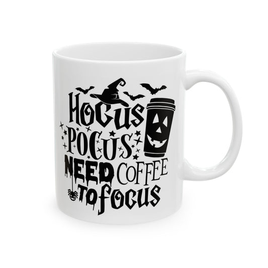 Hocus Pocus Need Coffee to Focus Mug | Funny Halloween Witch Coffee Cup | 11oz Ceramic Jack-o'-Lantern Mug