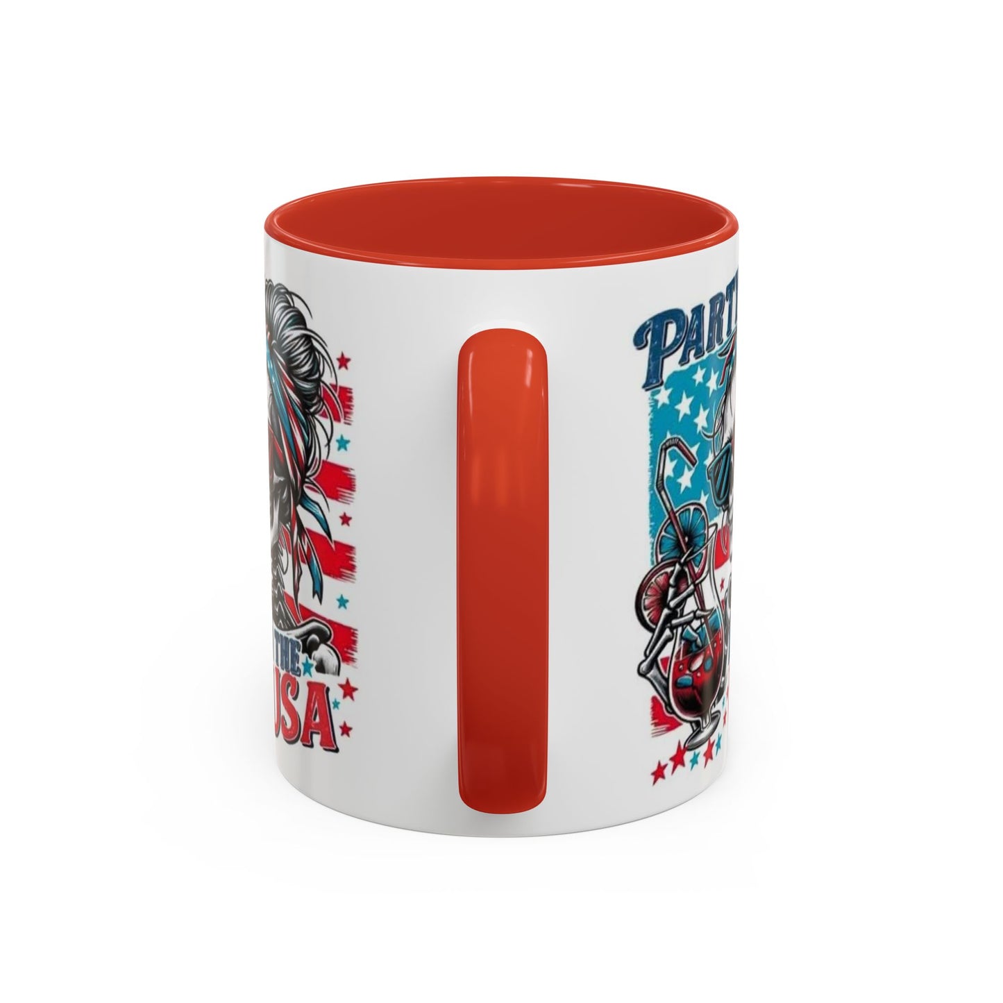 4th of July Coffee Mug - "Party in the USA" Skeleton Lady with Bandana & Glasses | Independence Day Gift