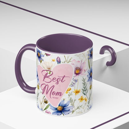 Floral Best Mom Ever Coffee Mug, Pink Accent Mug for Mother’s Day, Birthday Gift, Floral Kitchen Decor, Gift for Her