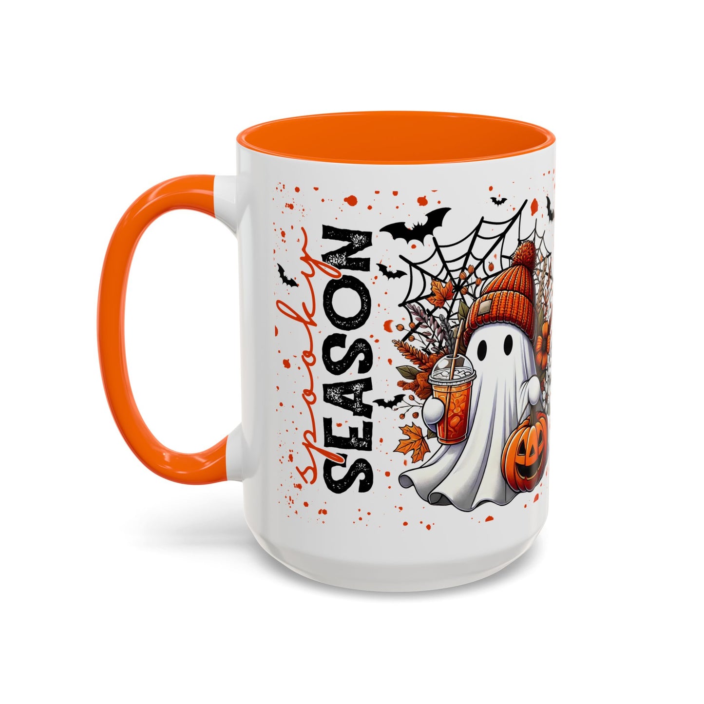 Spooky Season Halloween Ghost Mug – 15oz Ceramic Coffee Cup with Orange Handle & Interior – Fall Bats, Pumpkin Spice