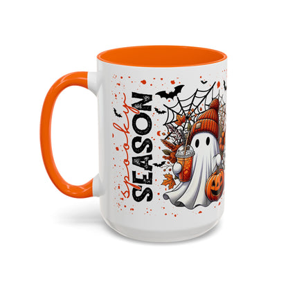 Spooky Season Halloween Ghost Mug – 15oz Ceramic Coffee Cup with Orange Handle & Interior – Fall Bats, Pumpkin Spice