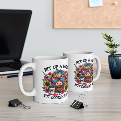 Funny Highland Cow Coffee Mug – "Bit of a Mess But Doing My Best" Ceramic Cup, Cute Cow Gift, Floral Coffee Lover Mug