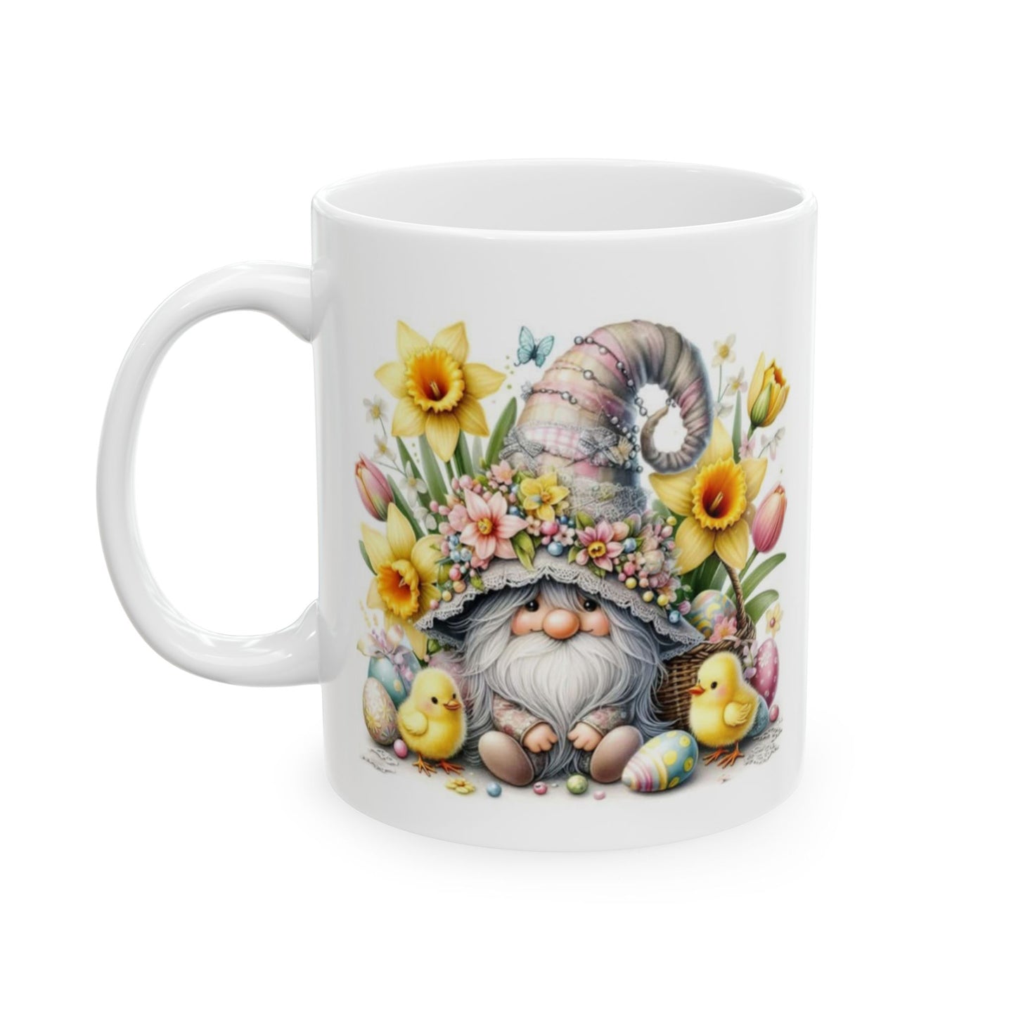 Easter Gnome Ceramic Coffee Mug, Easter Gift, Flower Mug, Cute Chick Design, Coffee Cup, Seasonal Decor