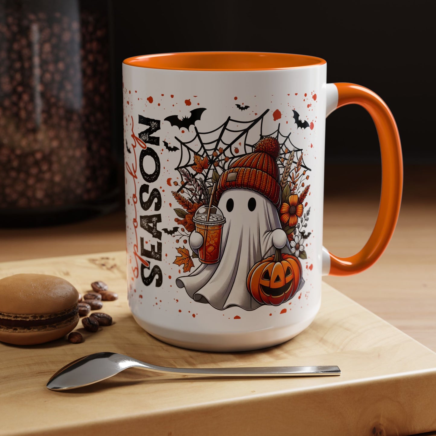 Spooky Season Halloween Ghost Mug – 15oz Ceramic Coffee Cup with Orange Handle & Interior – Fall Bats, Pumpkin Spice