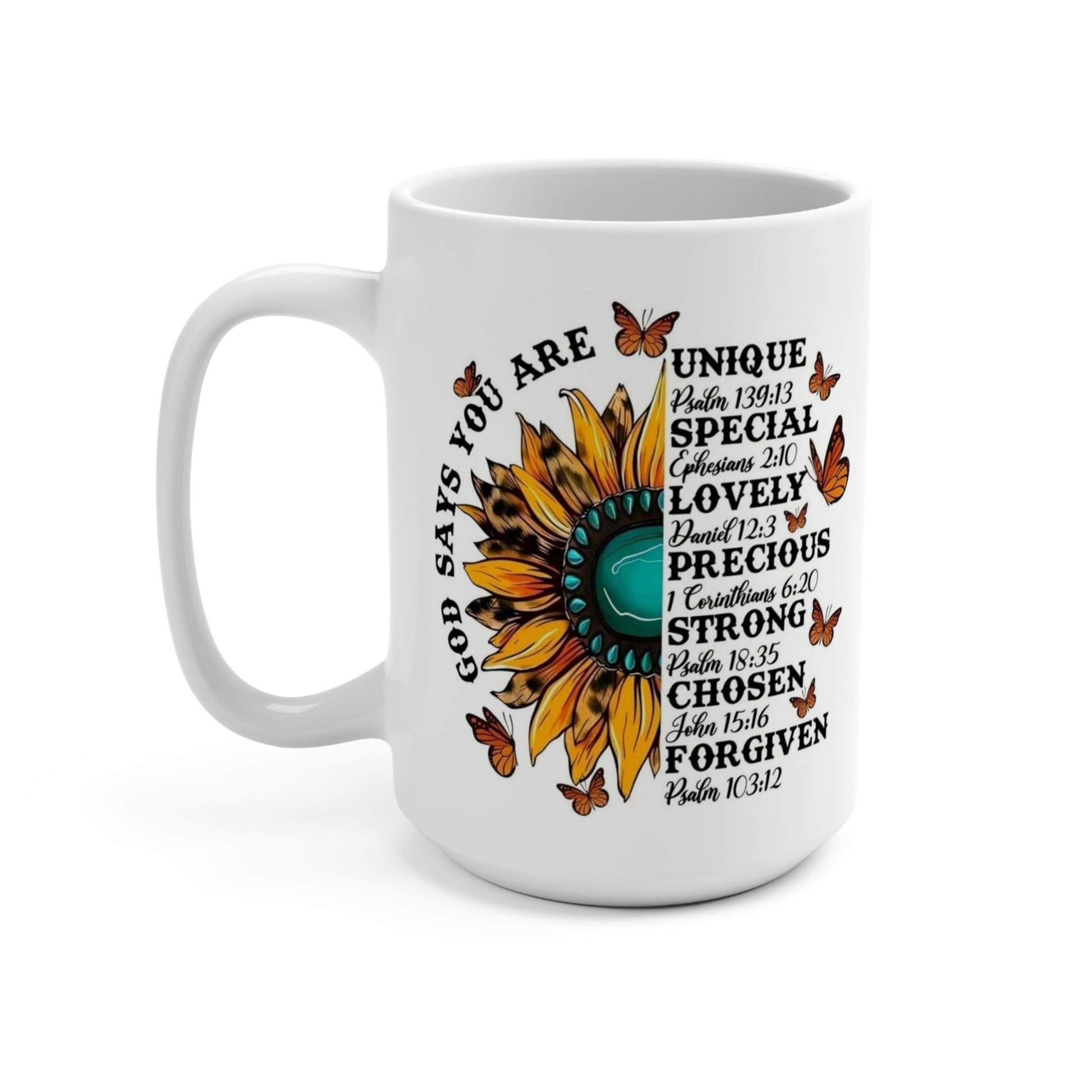 Inspirational Sunflower Bufferfly Religious Mug – 15oz Coffee Cup