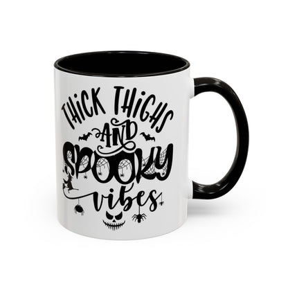 Thick Thighs and Spooky Vibes Color Accent 11 oz Coffee Mug, Halloween Gift Collection