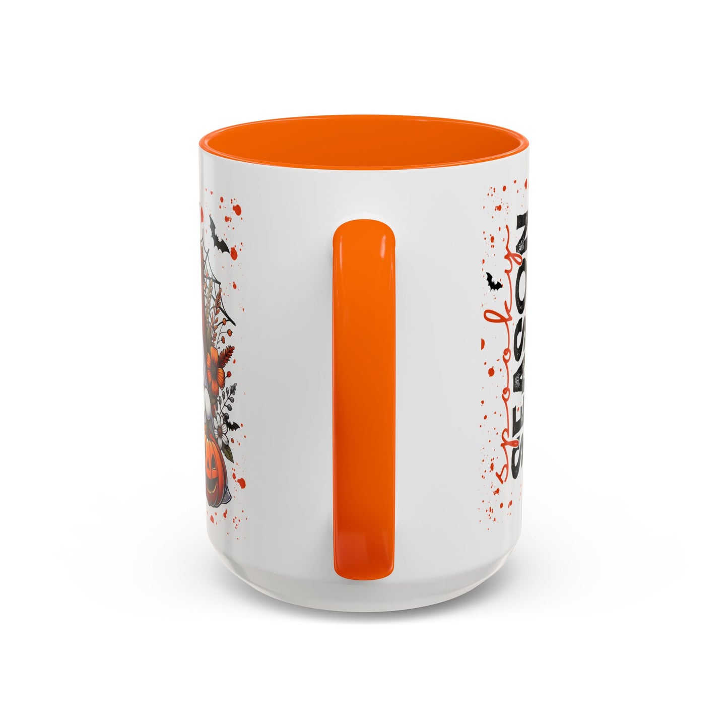 Spooky Season Halloween Ghost Mug – 15oz Ceramic Coffee Cup with Orange Handle & Interior – Fall Bats, Pumpkin Spice