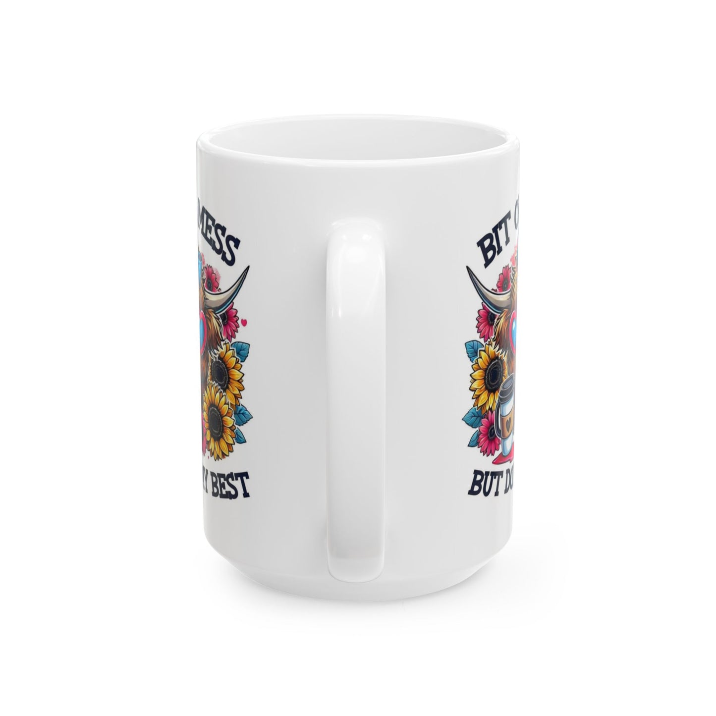 Funny Highland Cow Coffee Mug – "Bit of a Mess But Doing My Best" Ceramic Cup, Cute Cow Gift, Floral Coffee Lover Mug
