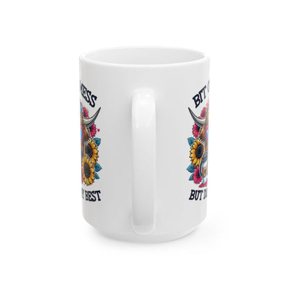 Funny Highland Cow Coffee Mug – "Bit of a Mess But Doing My Best" Ceramic Cup, Cute Cow Gift, Floral Coffee Lover Mug
