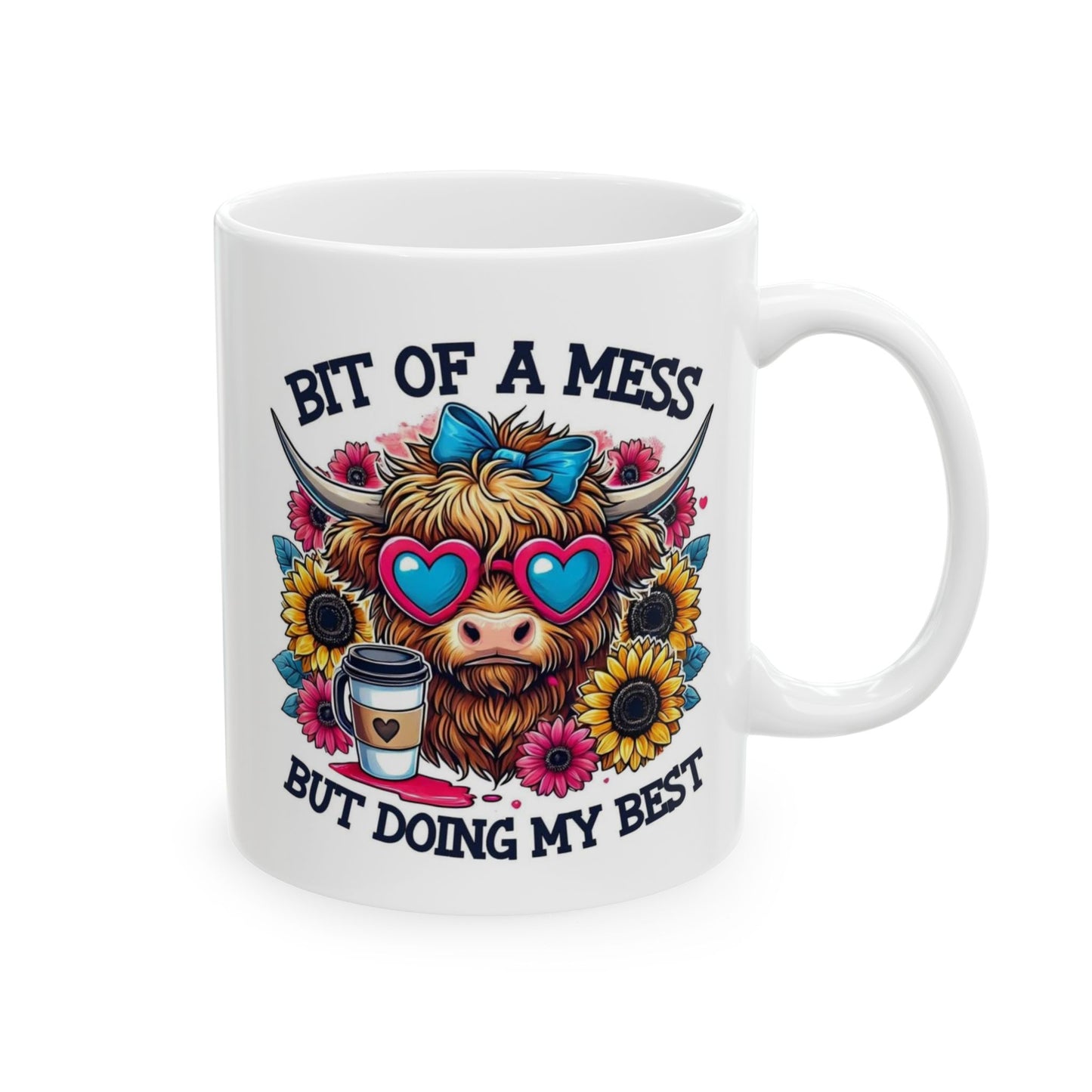 Funny Highland Cow Coffee Mug – "Bit of a Mess But Doing My Best" Ceramic Cup, Cute Cow Gift, Floral Coffee Lover Mug