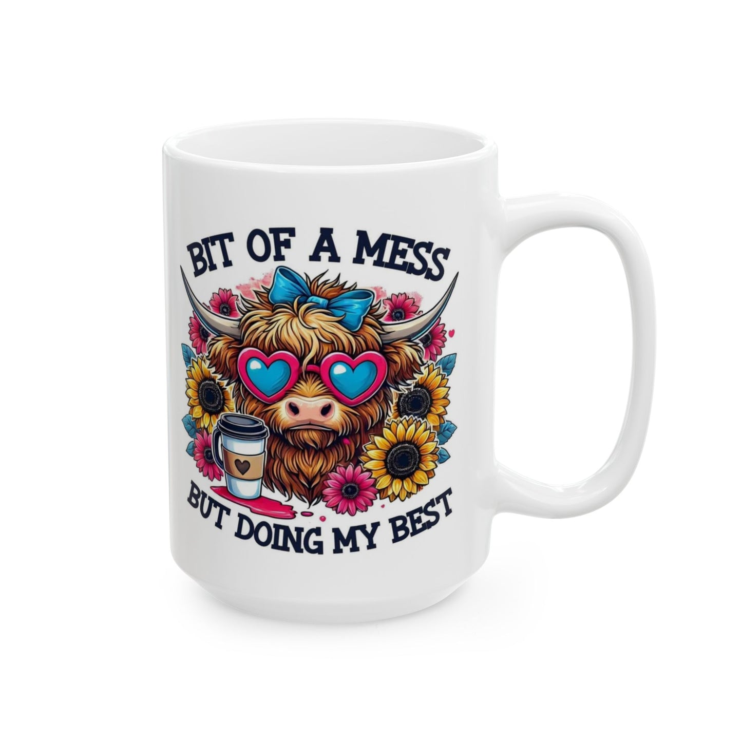 Funny Highland Cow Coffee Mug – "Bit of a Mess But Doing My Best" Ceramic Cup, Cute Cow Gift, Floral Coffee Lover Mug