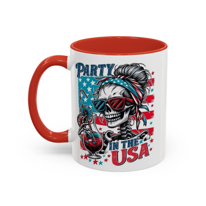4th of July Coffee Mug - "Party in the USA" Skeleton Lady with Bandana & Glasses | Independence Day Gift