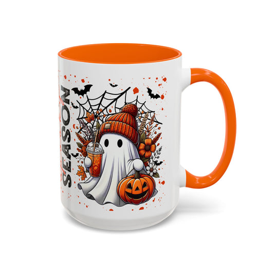 Spooky Season Halloween Ghost Mug – 15oz Ceramic Coffee Cup with Orange Handle & Interior – Fall Bats, Pumpkin Spice