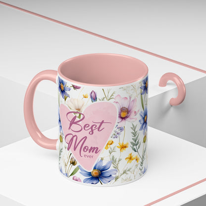 Floral Best Mom Ever Coffee Mug, Pink Accent Mug for Mother’s Day, Birthday Gift, Floral Kitchen Decor, Gift for Her