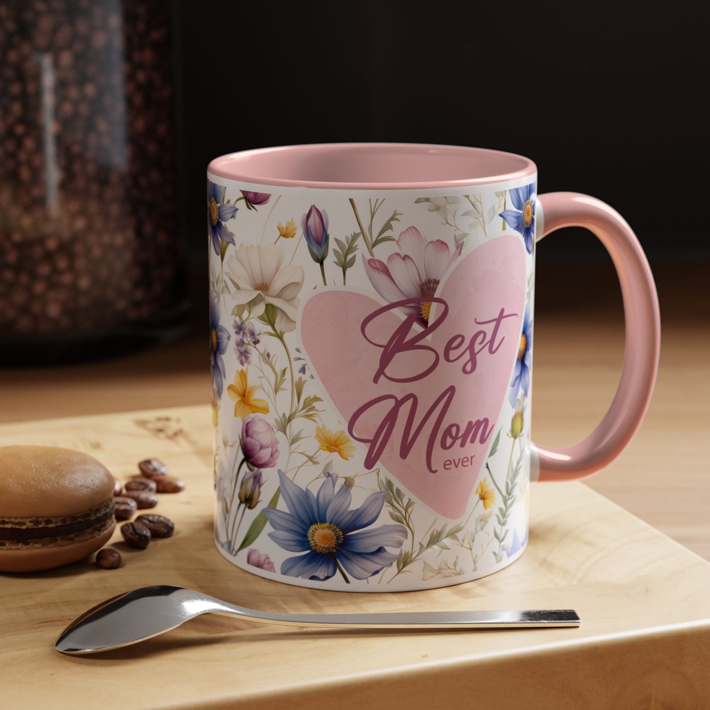 Floral Best Mom Ever Coffee Mug, Pink Accent Mug for Mother’s Day, Birthday Gift, Floral Kitchen Decor, Gift for Her