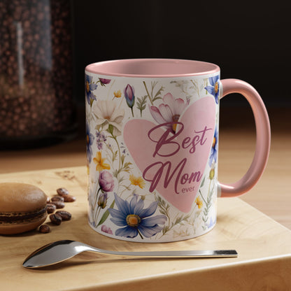 Floral Best Mom Ever Coffee Mug, Pink Accent Mug for Mother’s Day, Birthday Gift, Floral Kitchen Decor, Gift for Her