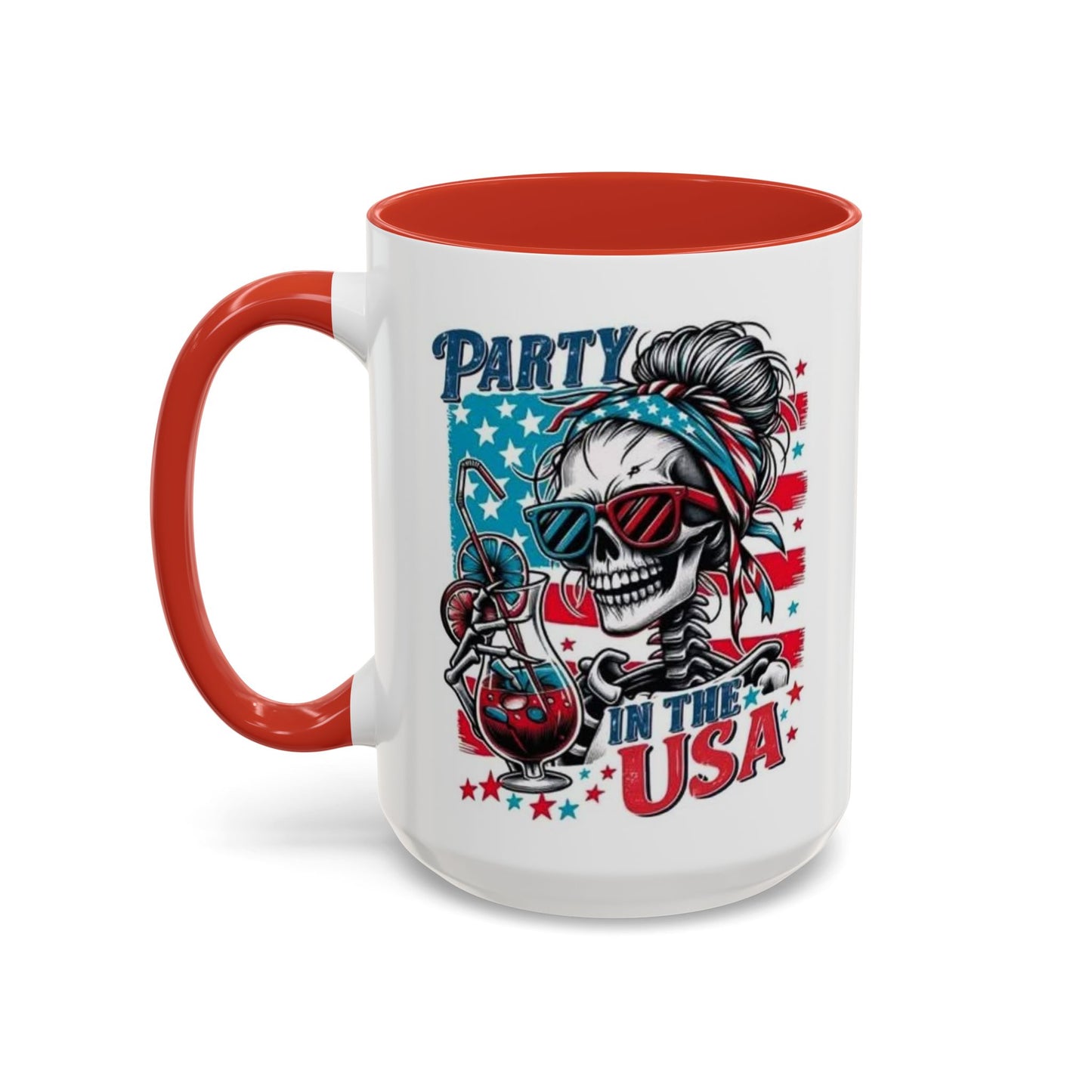 4th of July Coffee Mug - "Party in the USA" Skeleton Lady with Bandana & Glasses | Independence Day Gift
