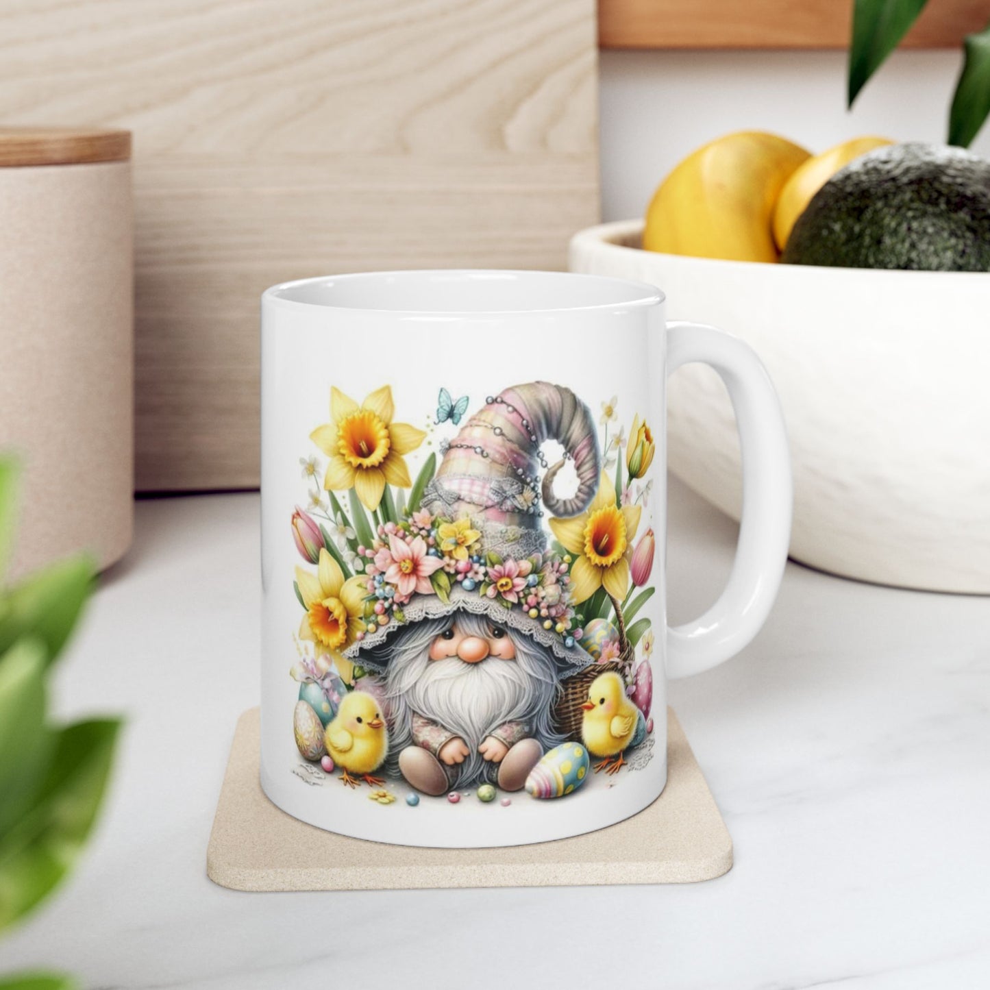 Easter Gnome Ceramic Coffee Mug, Easter Gift, Flower Mug, Cute Chick Design, Coffee Cup, Seasonal Decor