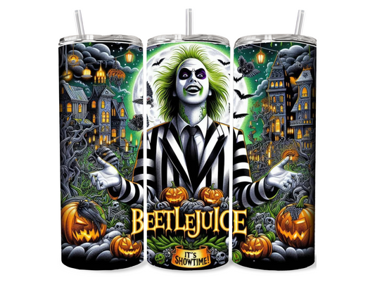 Beetlejuice Themed 20 oz Stainless Steel Skinny Tumbler with Lid and Straw