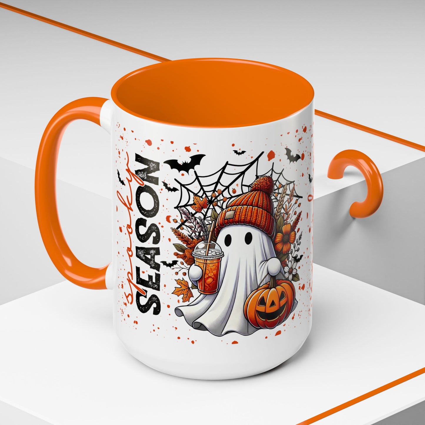 Spooky Season Halloween Ghost Mug – 15oz Ceramic Coffee Cup with Orange Handle & Interior – Fall Bats, Pumpkin Spice