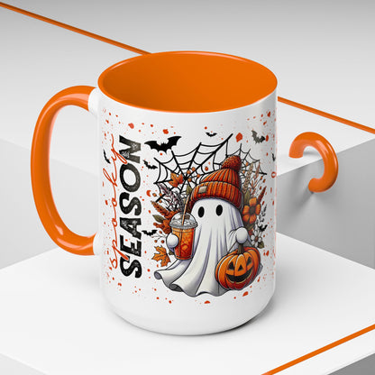 Spooky Season Halloween Ghost Mug – 15oz Ceramic Coffee Cup with Orange Handle & Interior – Fall Bats, Pumpkin Spice