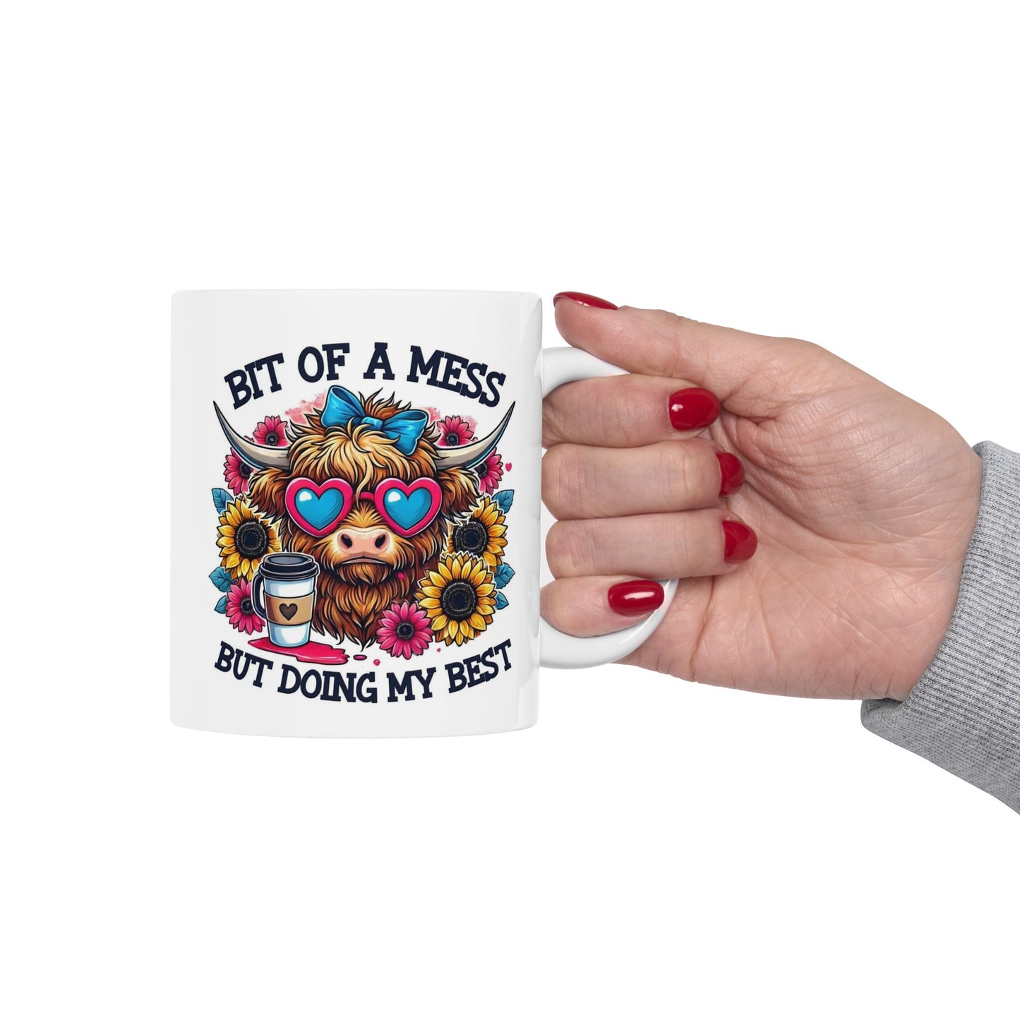 Funny Highland Cow Coffee Mug – "Bit of a Mess But Doing My Best" Ceramic Cup, Cute Cow Gift, Floral Coffee Lover Mug