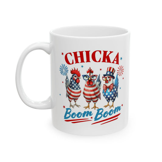 Chicka Boom Boom Patriotic Coffee Mug – 11 oz Ceramic Cup – Funny 4th of July Gift – USA Independence Day Drinkware