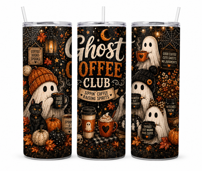 Ghost Coffee Club 20oz Skinny Tumbler | Halloween Ghost Coffee Cup | Fall Coffee Lover Gift | Stainless Steel Insulated Travel Mug