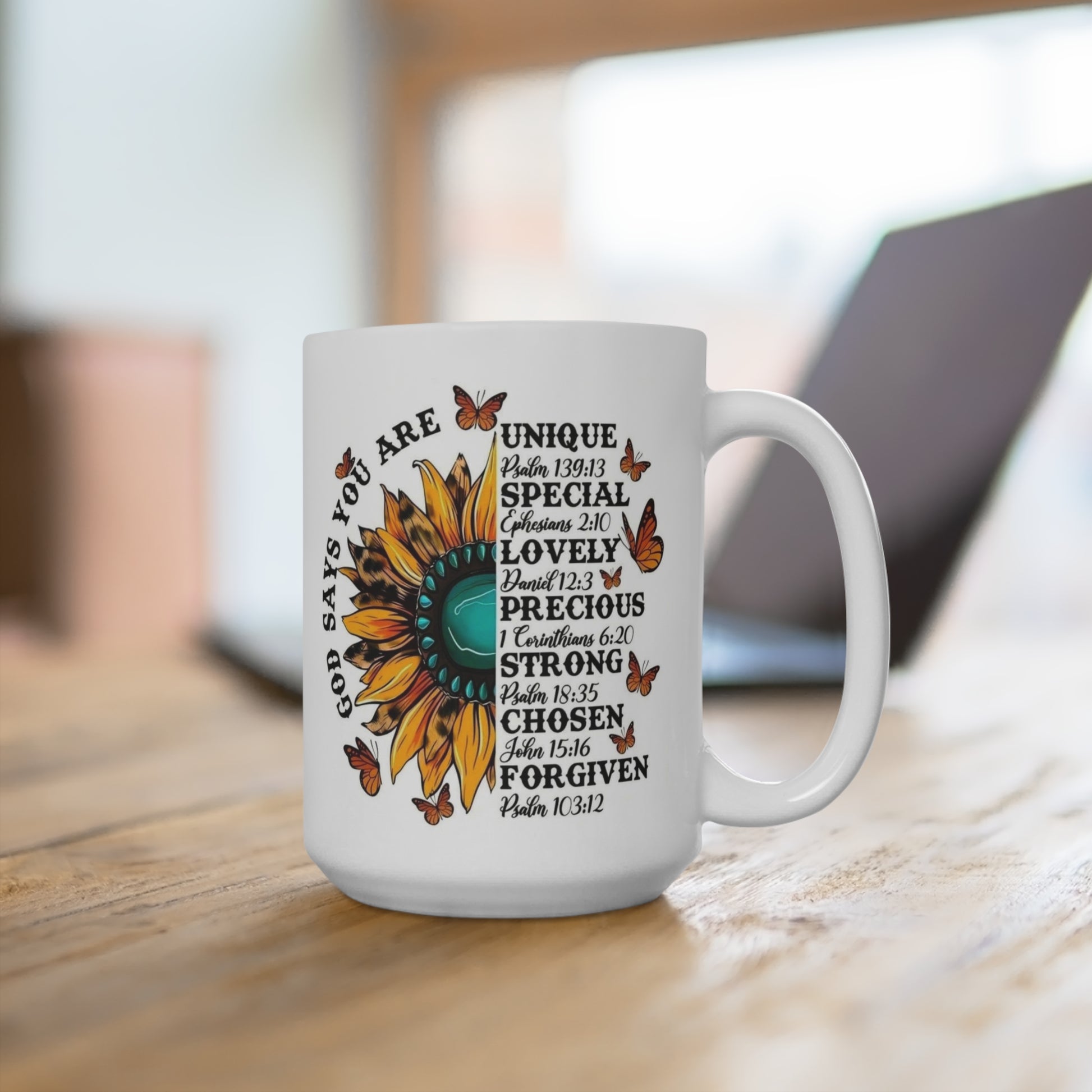 Inspirational Sunflower Bufferfly Religious Mug – 15oz Coffee Cup