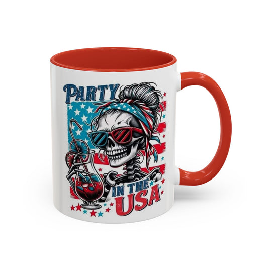 4th of July Coffee Mug - "Party in the USA" Skeleton Lady with Bandana & Glasses | Independence Day Gift