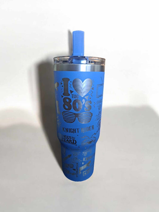 Custom Engraved I love the 80s Themed 32 oz Sports Tumbler with built in Straw and sipping port