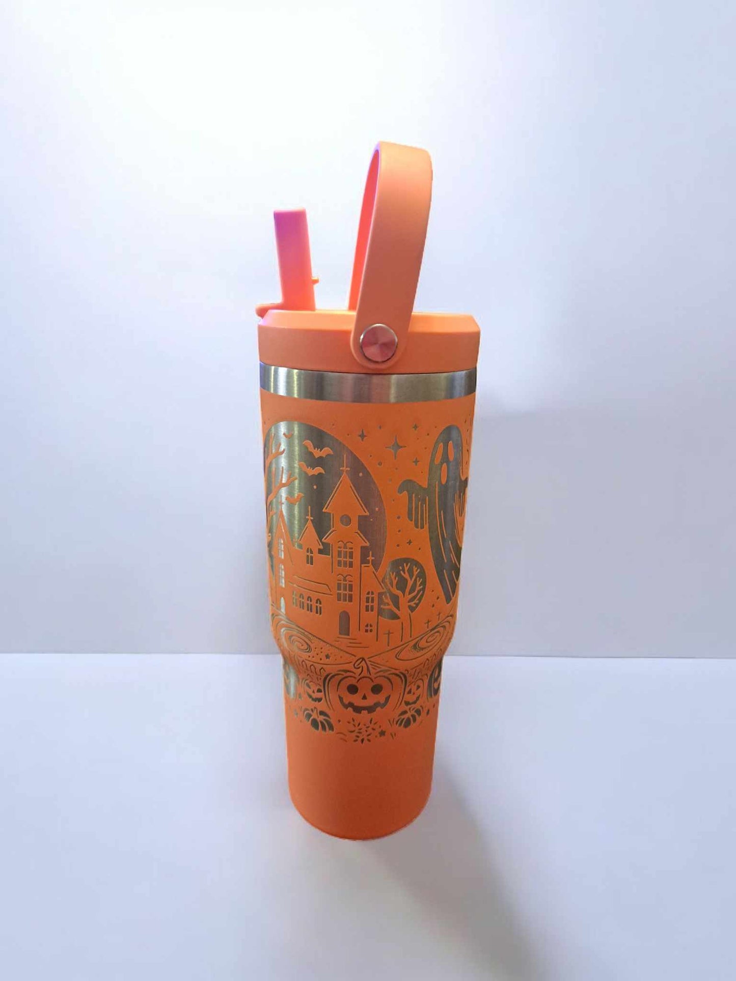 Custom Engraved Halloween Themed 32 Oz Tumbler Set with Handle and Straw, Comes with Coffee Lid Too