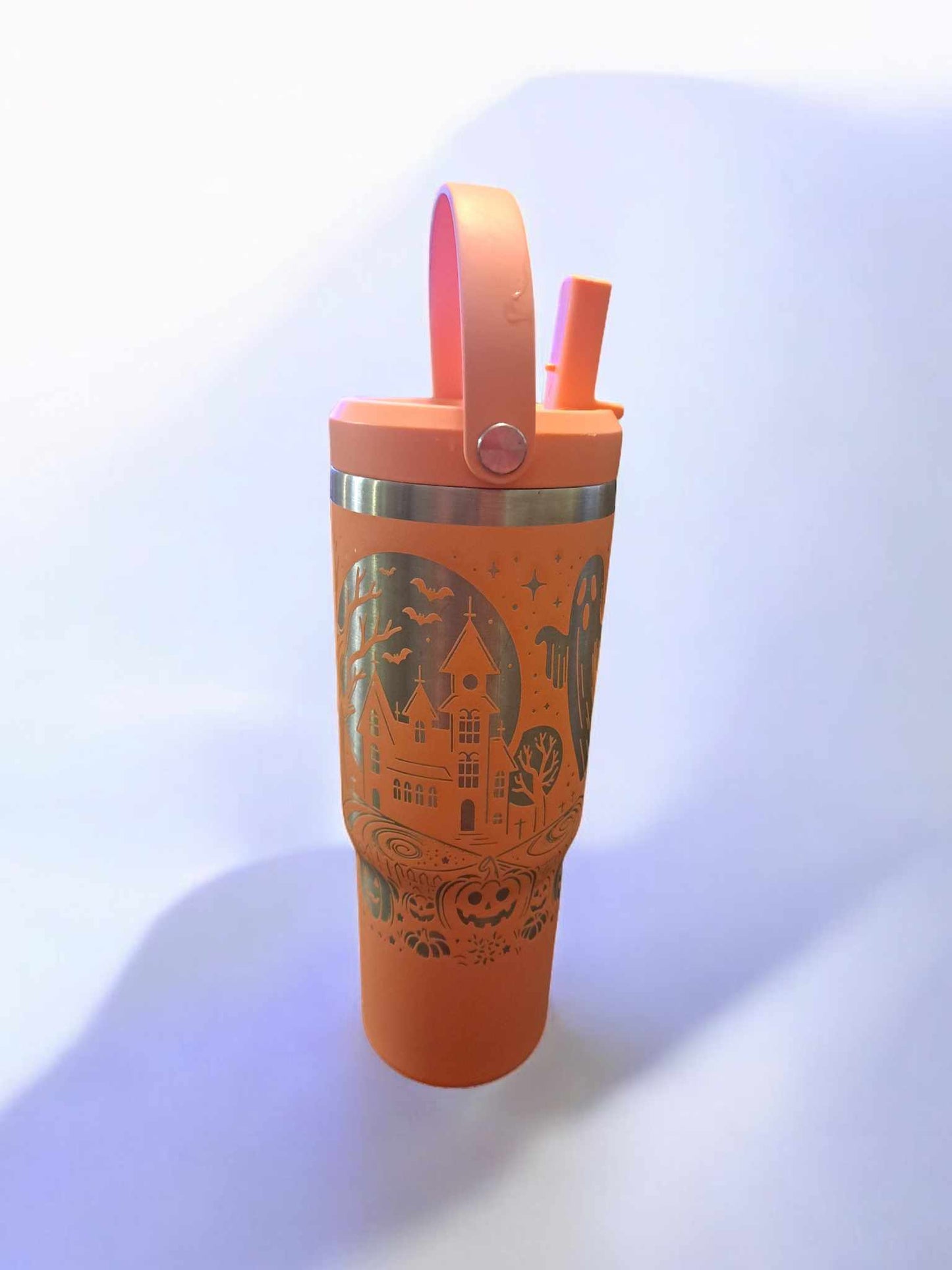 Custom Engraved Halloween Themed 32 Oz Tumbler Set with Handle and Straw, Comes with Coffee Lid Too